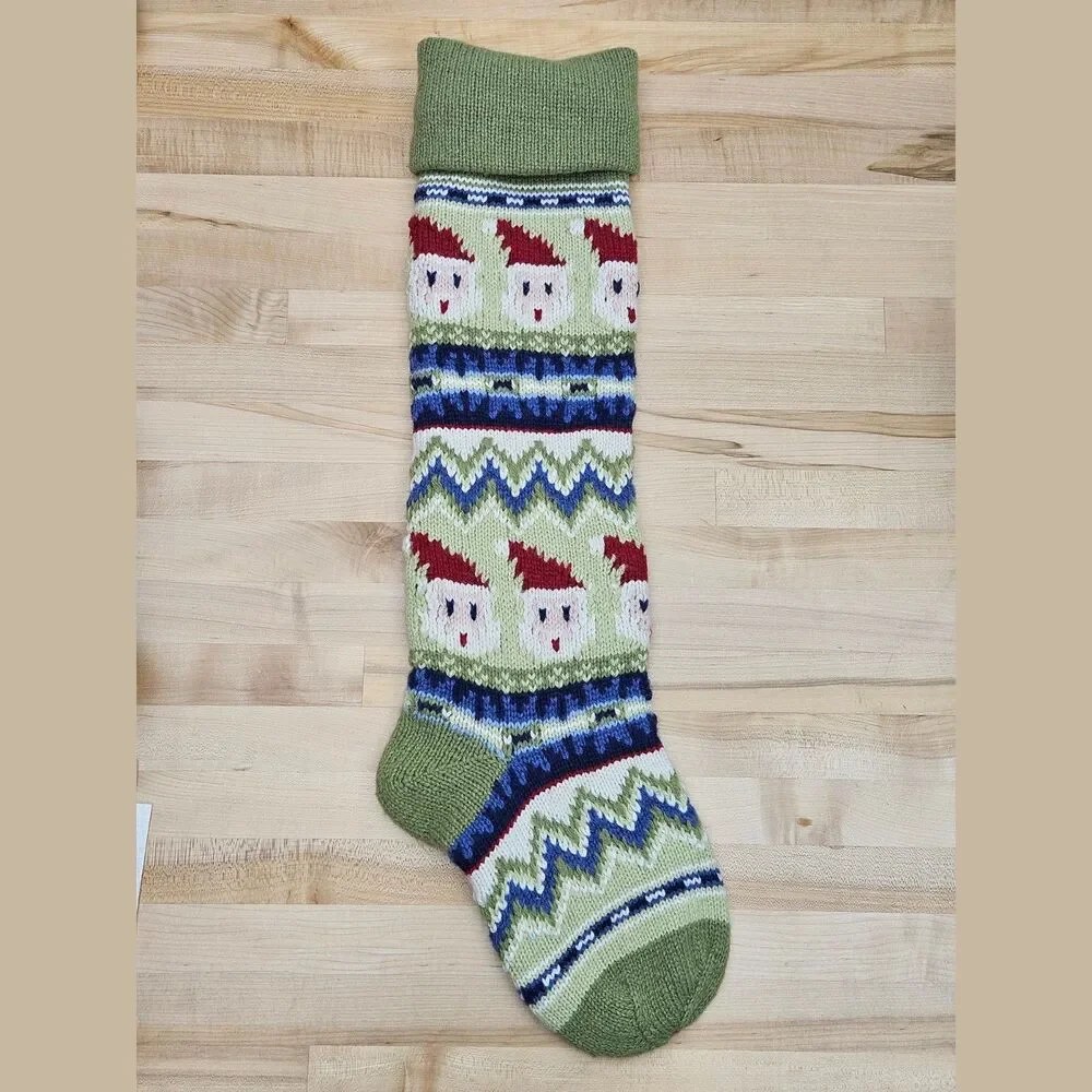 POTTERY BARN KIDS Fair Isle Knit Santa Green CHRISTMAS STOCKING Wool Cotton PBK